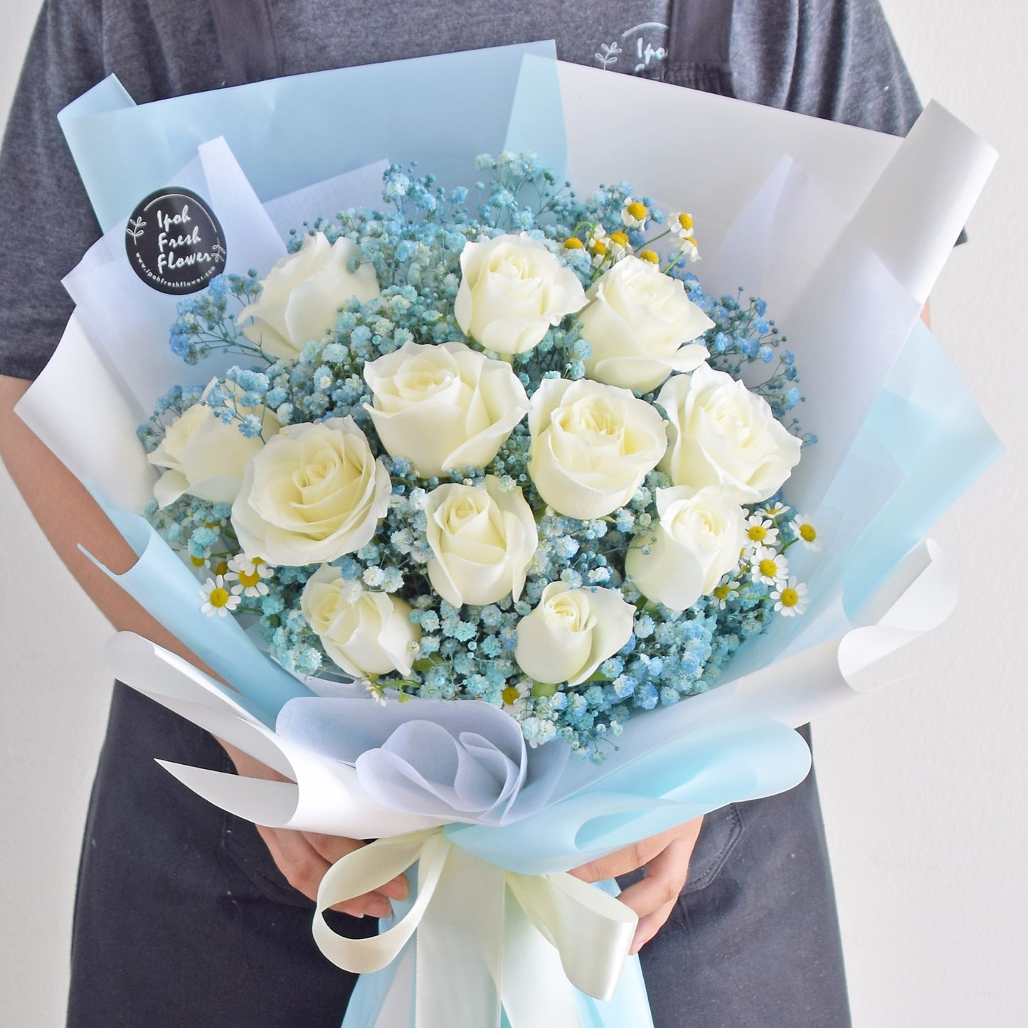 Blue Victory| Roses With Baby Breath Bouquet| Fresh Flower Delivery