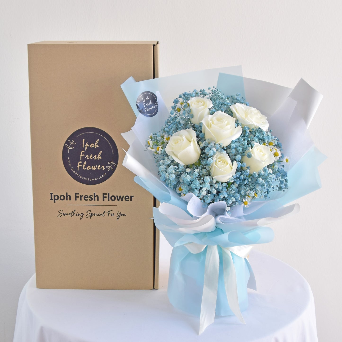Blue Victory| Roses With Baby Breath Bouquet| Fresh Flower Delivery