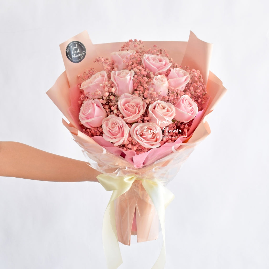 Fiona| Pink Roses With Baby Breath Bouquet| Same Day Free Delivery