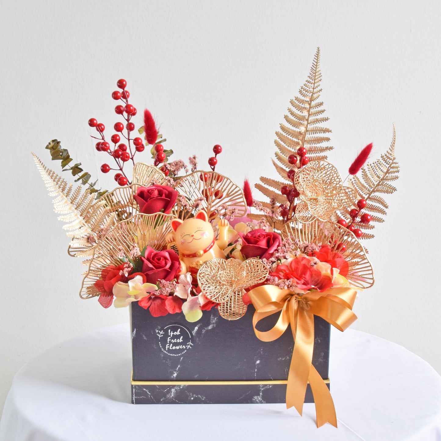 Golden Accolades Fortune Lucky Cat Opening Flowers| Same Day Delivery