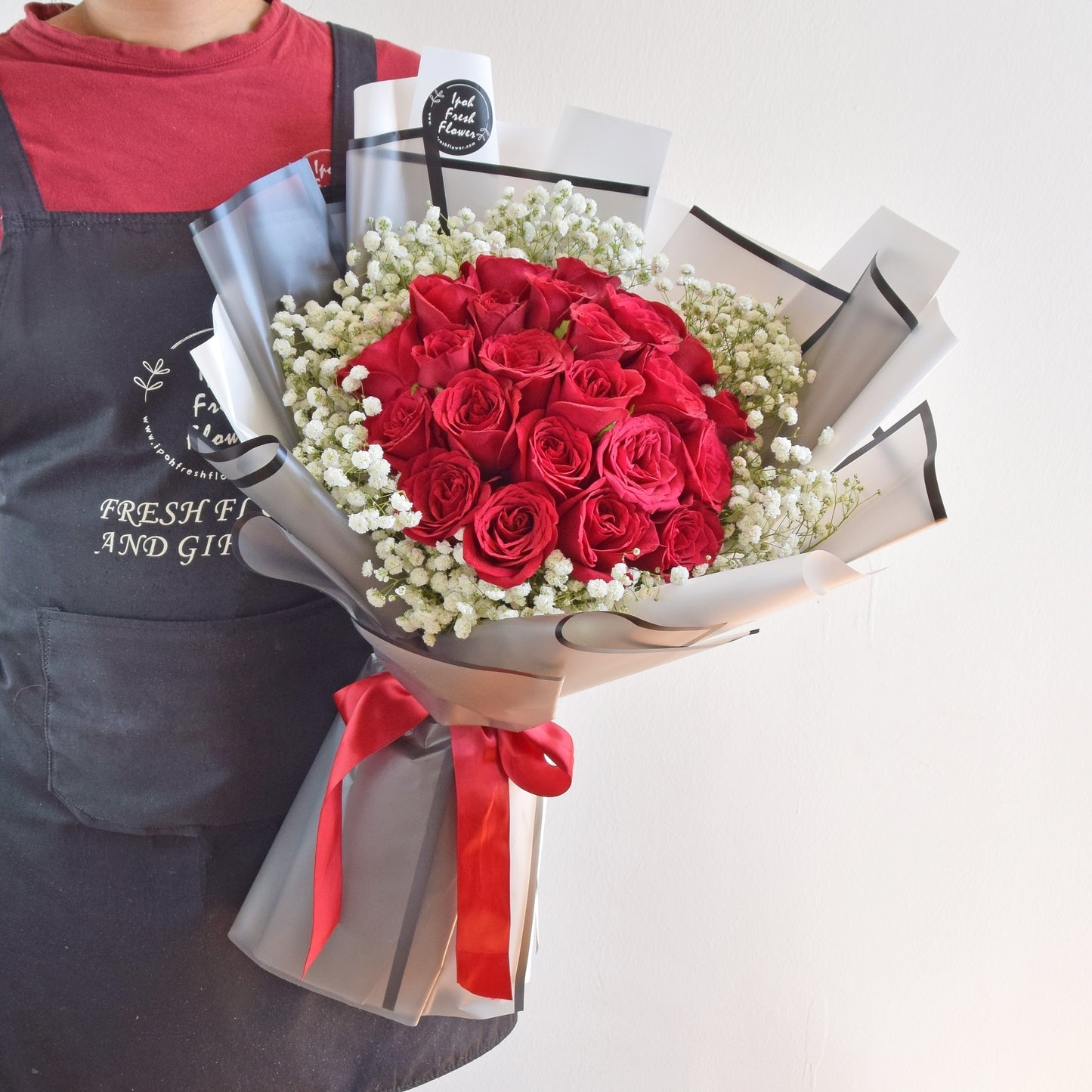 Meadow| Red Roses With Baby Breath Bouquet| Fresh Flower Delivery