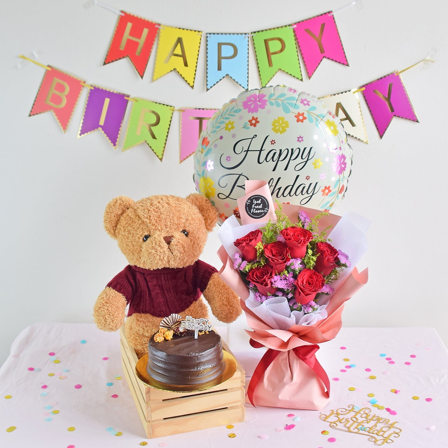 4 in 1 Birthday Bundle| Flowers, Balloons &Cake| Same Day Delivery