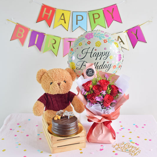 4 in 1 Birthday Bundle| Flowers, Balloons &Cake| Same Day Delivery