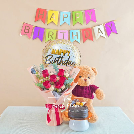 4 in 1 Birthday Bundle| Flowers, Balloons &Cake| Same Day Delivery