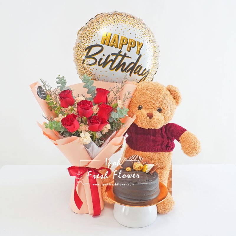 4 in 1 Birthday Bundle| Flowers, Balloons &Cake| Same Day Delivery