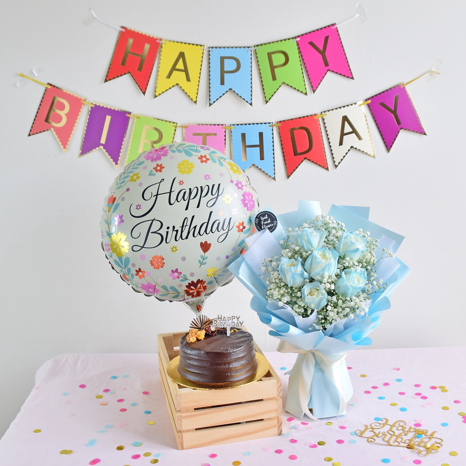 Blue Diamond Birthday Bundle| Flowers, Balloons & Cake| Same Day Delivery