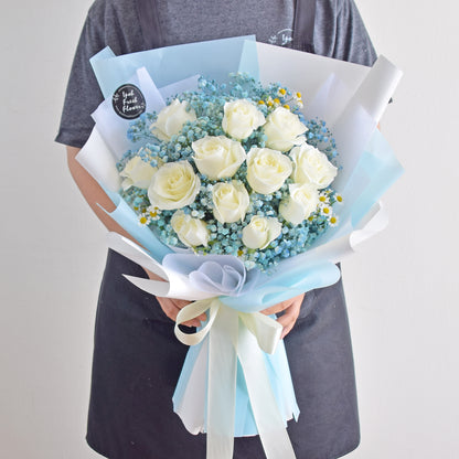 Blue Victory| Roses With Baby Breath Bouquet| Fresh Flower Delivery