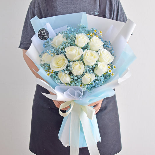 Blue Victory| Roses With Baby Breath Bouquet| Fresh Flower Delivery