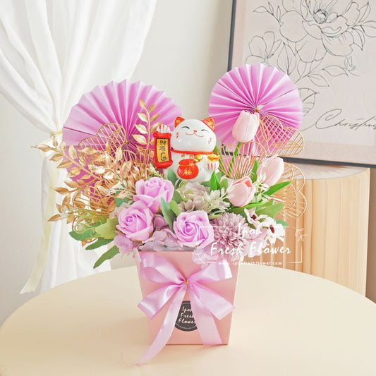 Della Fortune Lucky Cat Opening Flower Arrangement| Same Day Delivery
