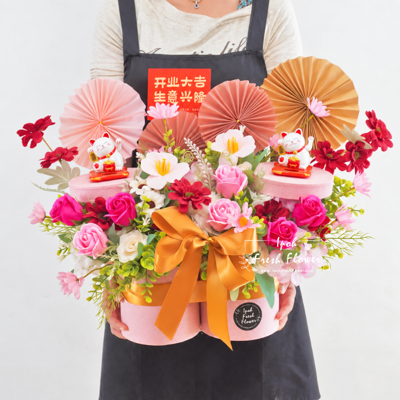 Double Fortune Lucky Cat Opening Flower| Ipoh Flower Delivery