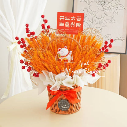 Golden Harvest Fortune Lucky Cat Opening Flower Arrangement| Same Day Delivery