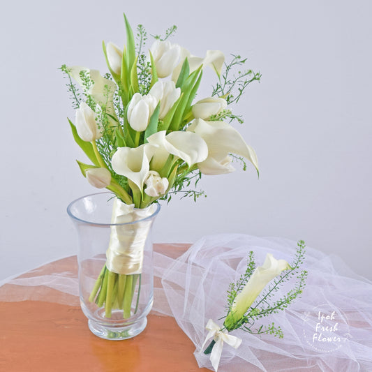 Gracia Bridal Bouquet| Personalized Flowers Tulip & Cala lilies For Wedding Gracia Bridal Bouquet With Boutonniere| Personalized Flowers For Wedding 
