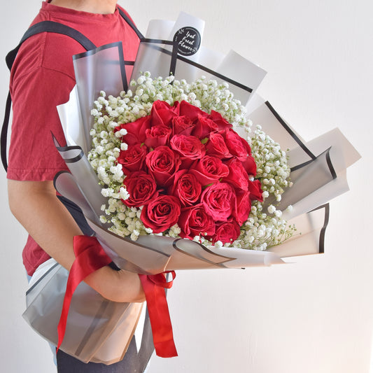 Meadow| Red Roses With Baby Breath Bouquet| Fresh Flower Delivery