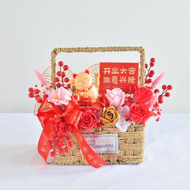 Megumi Fortune Lucky Cat Opening Flower Arrangement