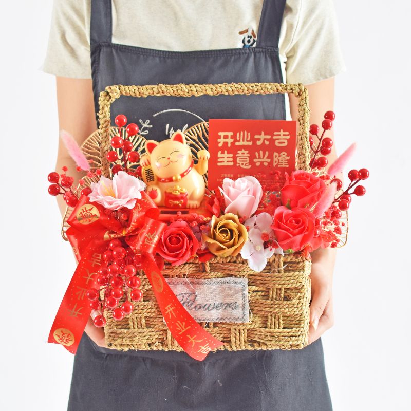 Megumi Fortune Lucky Cat Opening Flower Arrangement