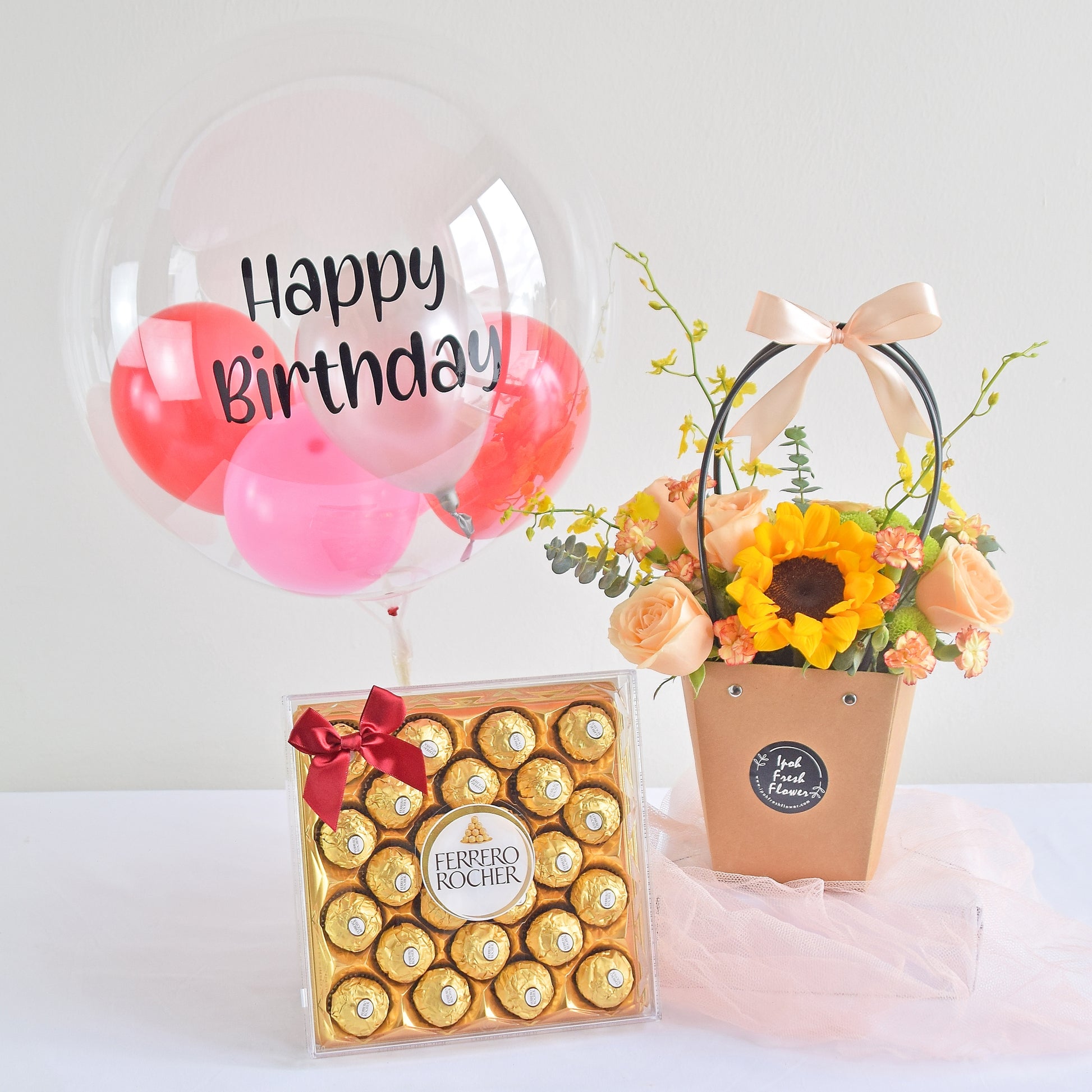 Peachy Sunshine Birthday Bundle| Flowers, Balloons &Cake| Same Day Delivery