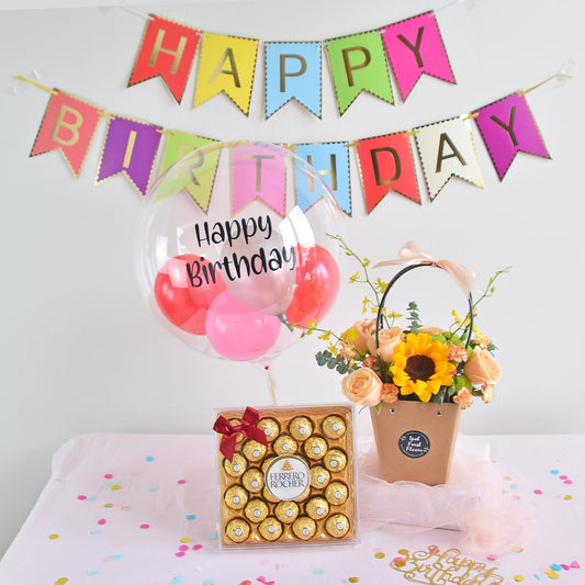 Peachy Sunshine Birthday Bundle| Flowers, Balloons &Cake| Same Day Delivery