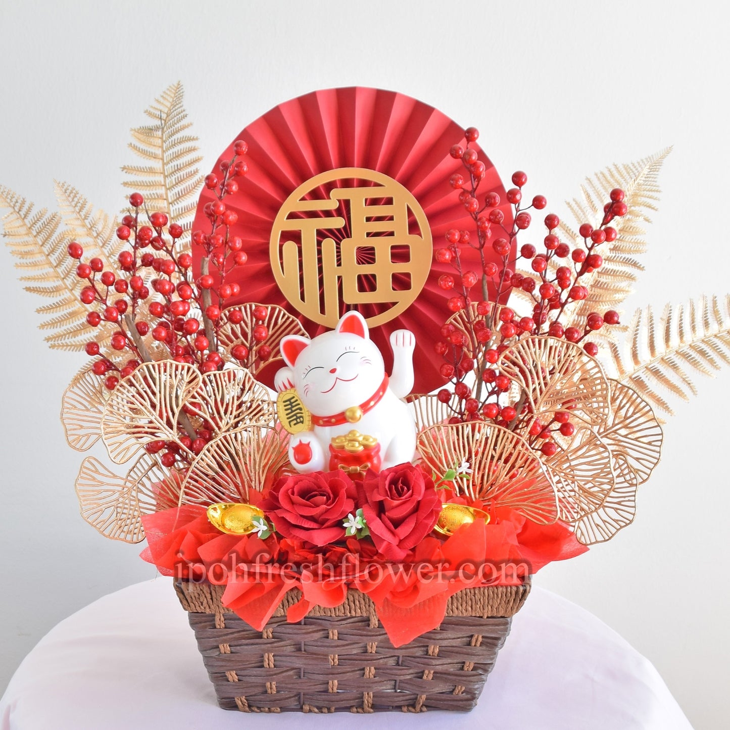 Prosperity CNY Fortune Lucky Cat Opening Flowers Arrangement