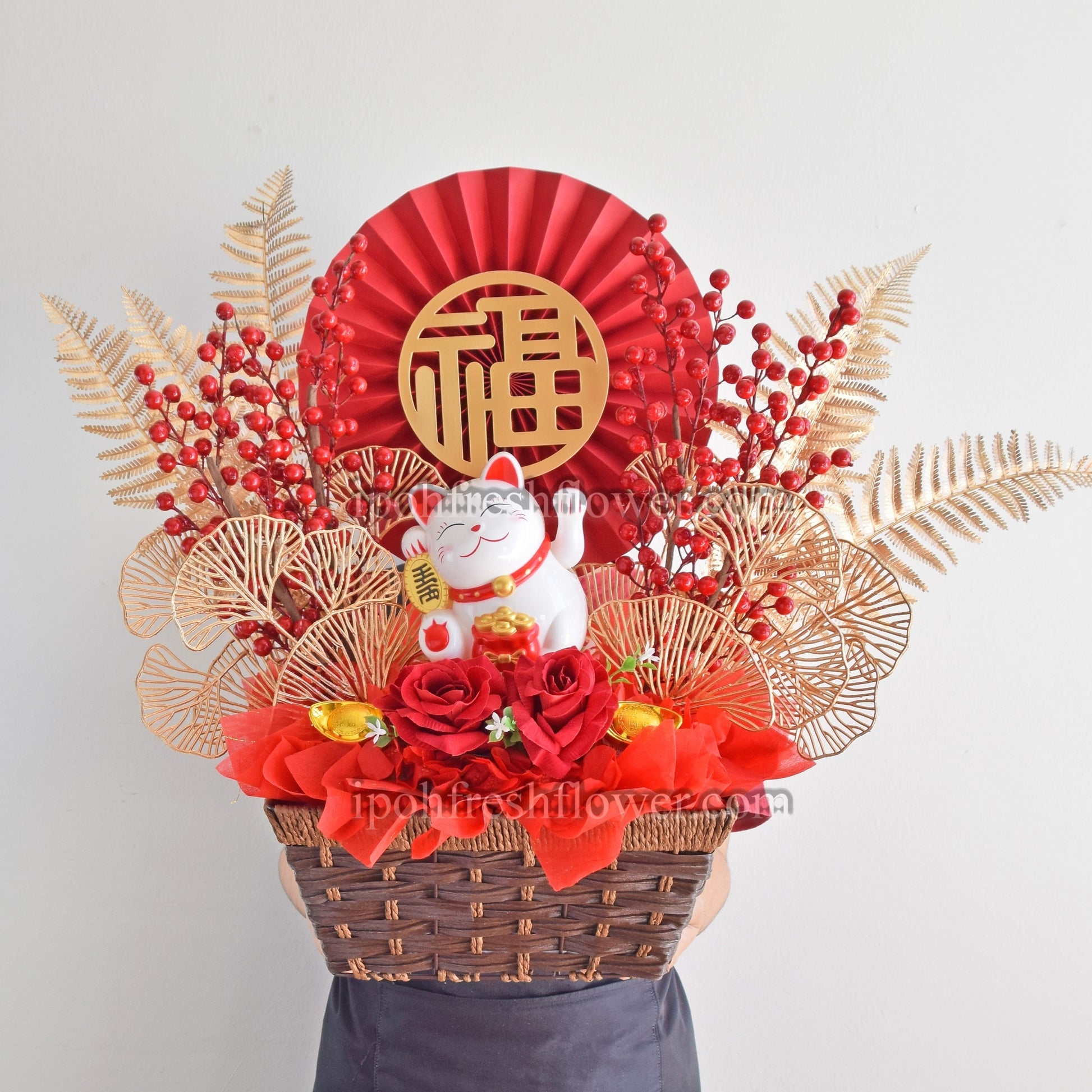 Prosperity CNY Fortune Lucky Cat Opening Flowers Arrangement