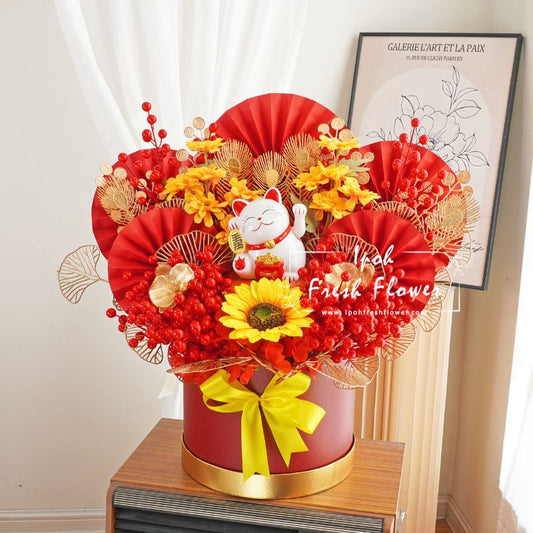 Red Autumn Fortune Lucky Cat Opening Flowers| Same Day Delivery