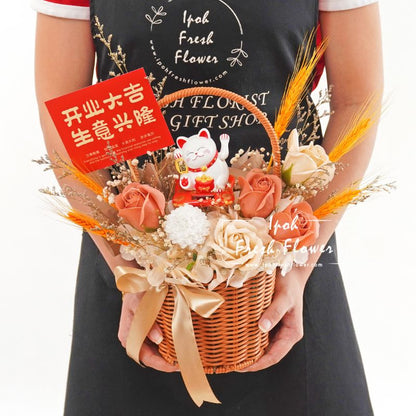 Romy Fortune Lucky Cat Opening Flower Arrangement| Same Day Delivery