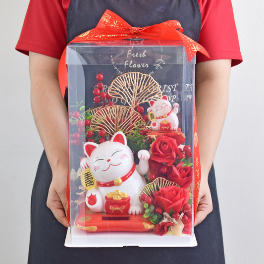 Star Gaze Fortune Lucky Cat Opening Flower Arrangement| Same Day Delivery