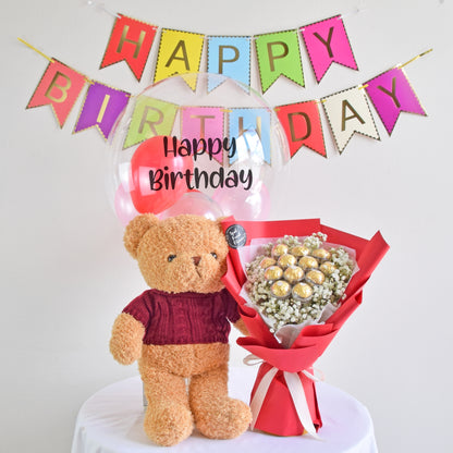 Sweet Bites Birthday Bundle| Flowers, Balloons &Chocolate Same Day Delivery