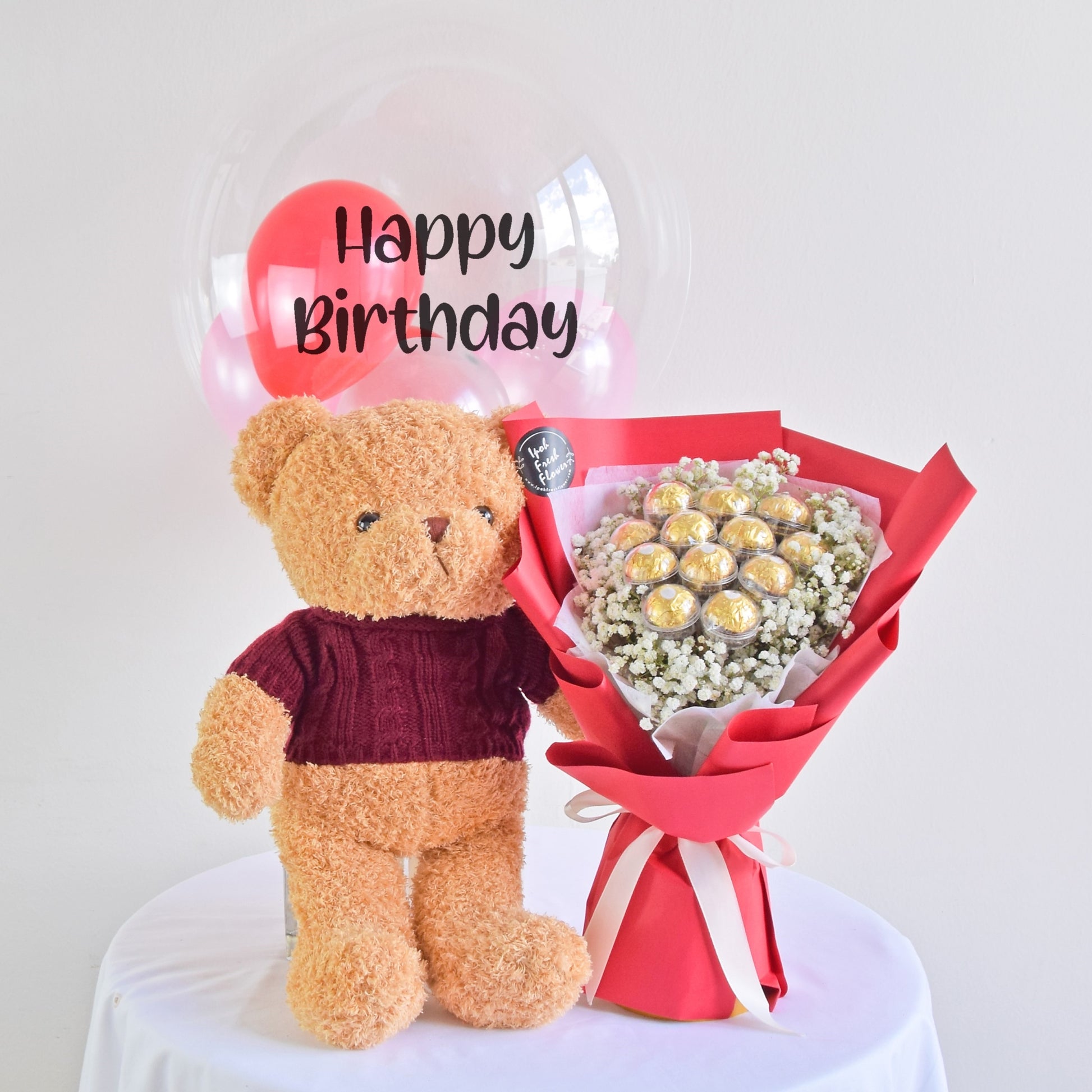 Sweet Bites Birthday Bundle| Flowers, Balloons &Chocolate Same Day Delivery
