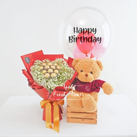 Sweet Bites Birthday Bundle| Flowers, Balloons &Chocolate Same Day Delivery