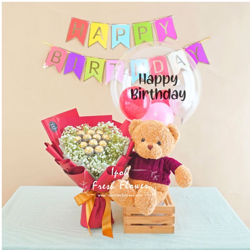 Sweet Bites Birthday Bundle| Flowers, Balloons &Chocolate Same Day Delivery