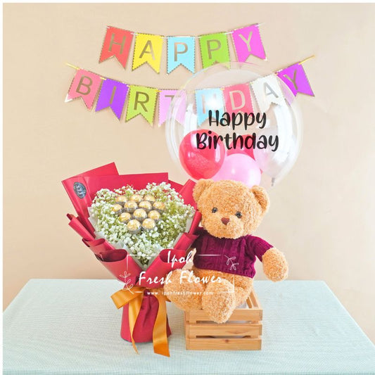 Sweet Bites Birthday Bundle| Flowers, Balloons &Chocolate Same Day Delivery