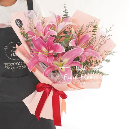 Cherished| Pink Lilies Fresh Flower Bouquet | Same Day Delivery Ipoh