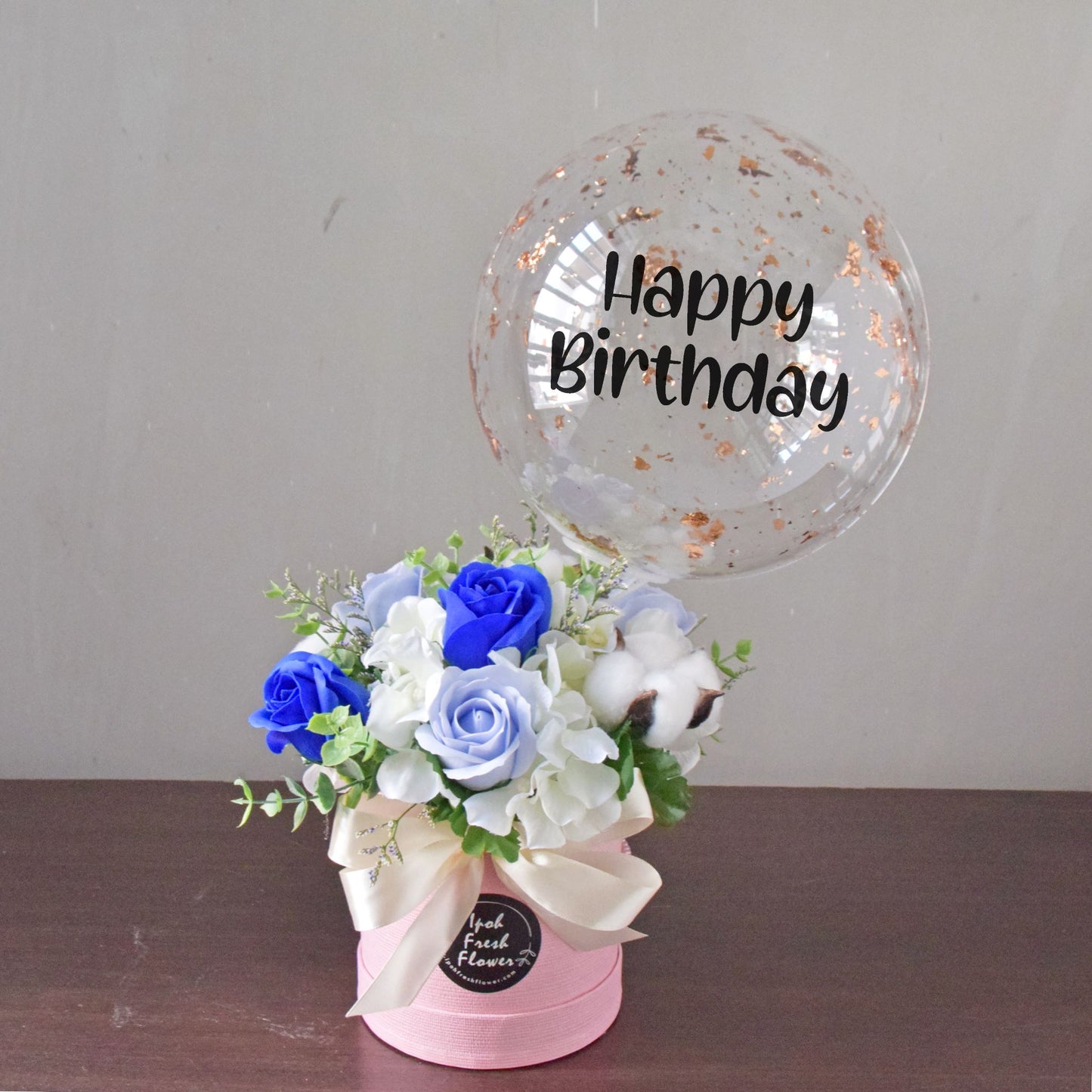 Blue Nikko| Artificial Soap Flowers Arrangement| Balloon Flower Box