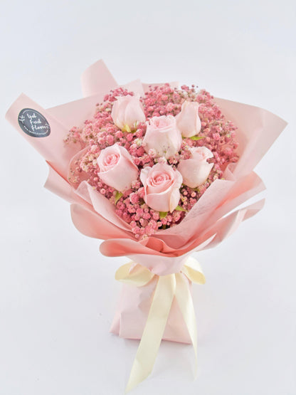 Fiona| Pink  Roses With Baby Breath Bouquet| Fresh Flower Delivery