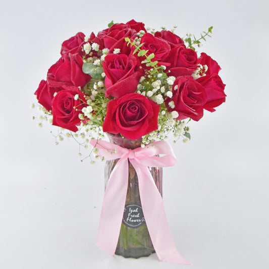 Red Velvet Rose Vase Arrangement| Fresh Flower In A Vase