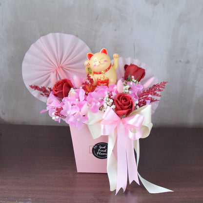 Romy Fortune Lucky Cat Opening Flower Arrangement