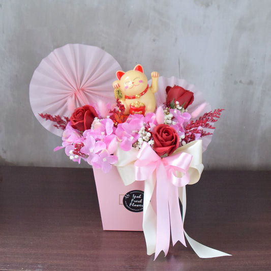 Romy Fortune Lucky Cat Opening Flower Arrangement