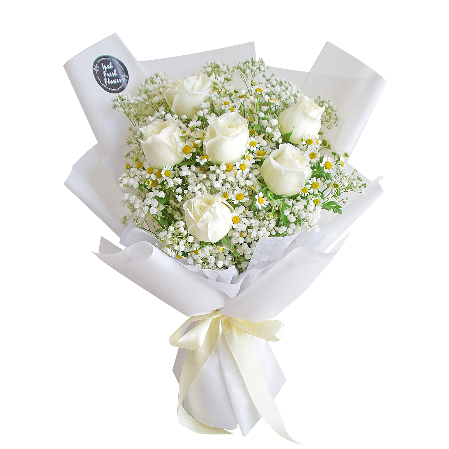 White Romance| Roses With Baby Breath Bouquet| Fresh Flower Delivery