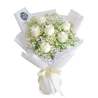 White Romance| Roses With Baby Breath Bouquet| Fresh Flower Delivery
